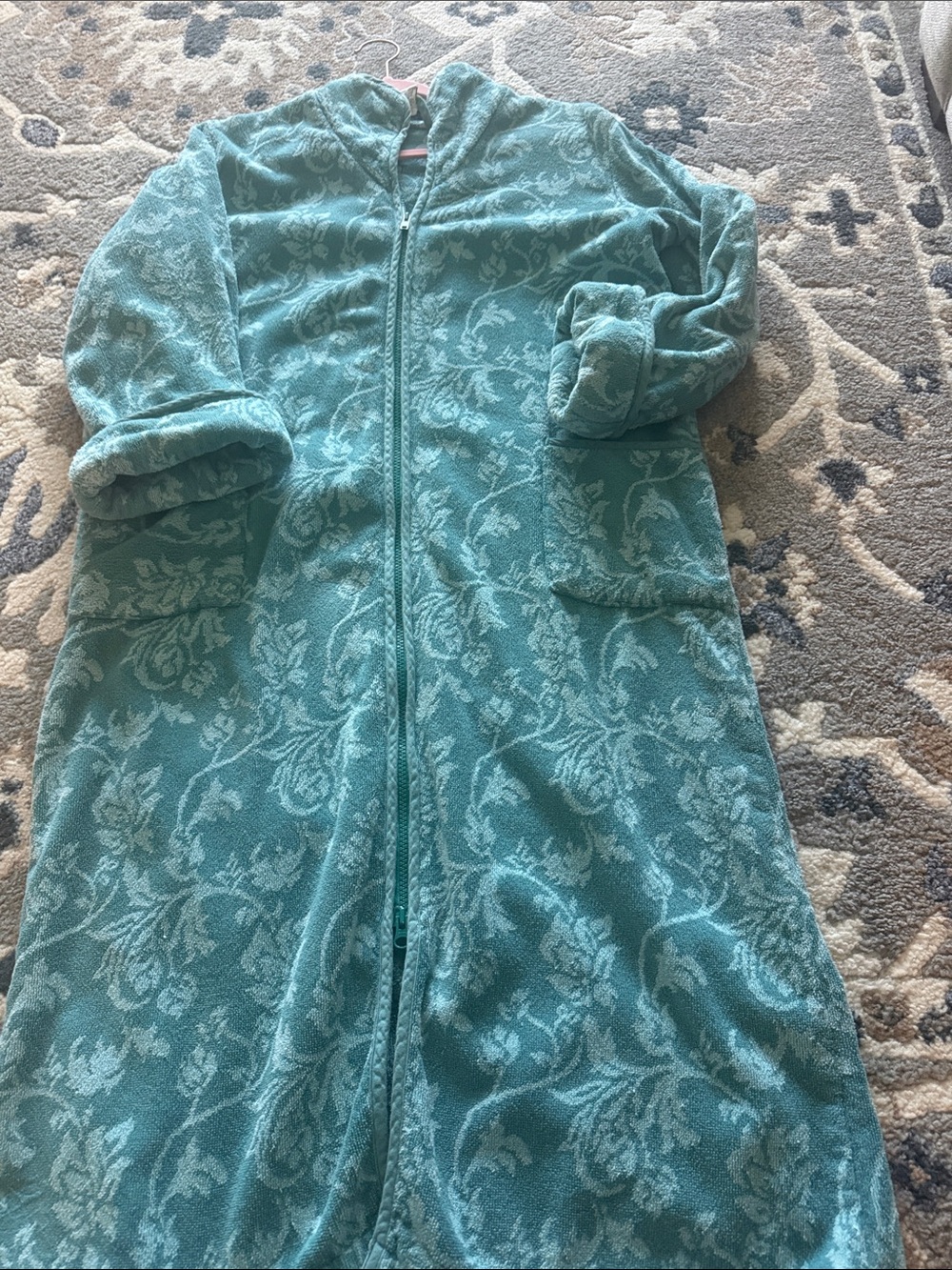 Anne Lewin Teal Floral Hooded Zip Robe towel cotton fabric size S